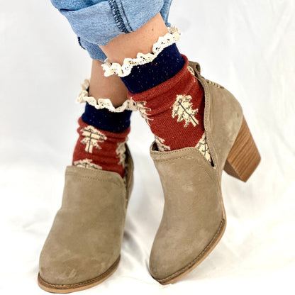 FALL LEAF lace topped socks - rust, cute slouch socks for women by Catherine Cole signature socks