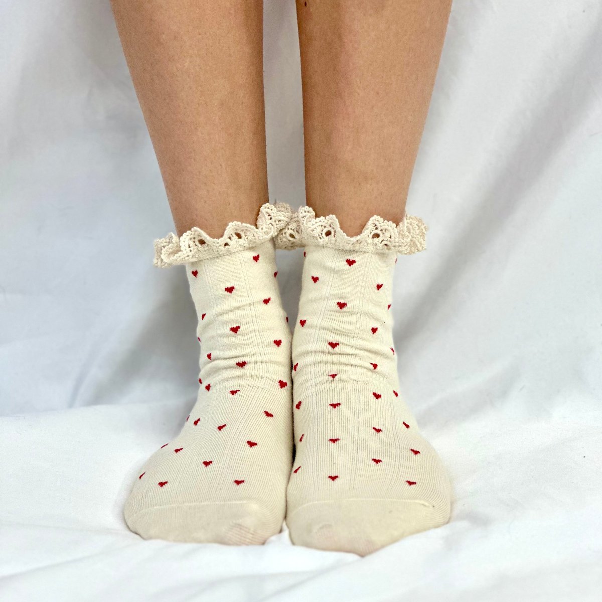 HEARTS  lace top heart ankle sock - red, Catherine Cole signature socks