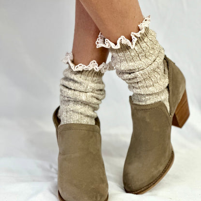 MARLED cotton short lace boot socks - tan, fall winter cute slouch socks for women, Catherine Cole