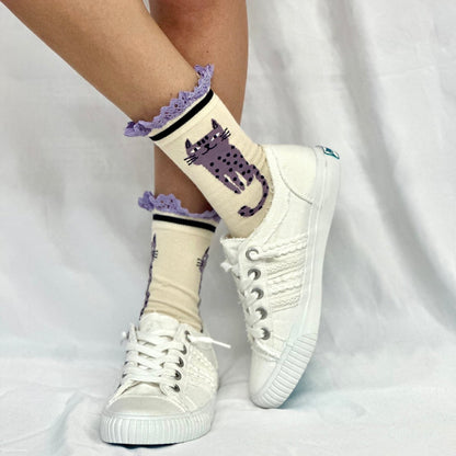 CAT attitude novelty print crew sock womens- lavender, Catherine Cole signature socks