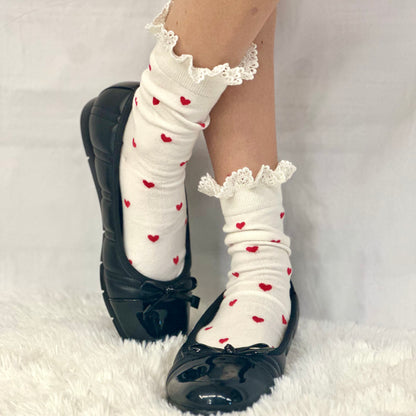 HEARTS DELIGHT  lace top heart ankle sock -  red