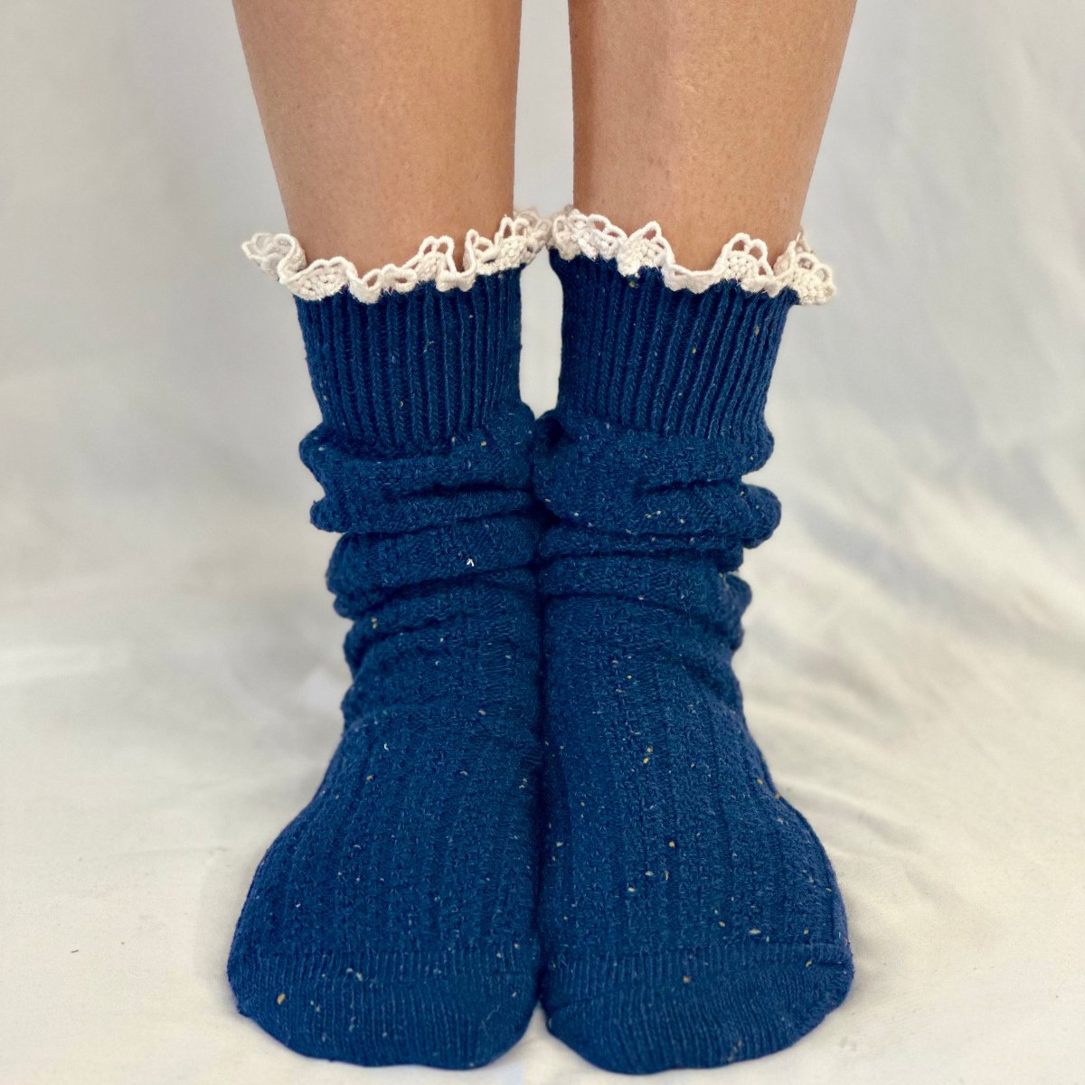 NAVY TWEED lace slouch socks  USA knitted for booties. women's Fall fashion, tweed slouch socks, quality lace hosiery, walking hiking women