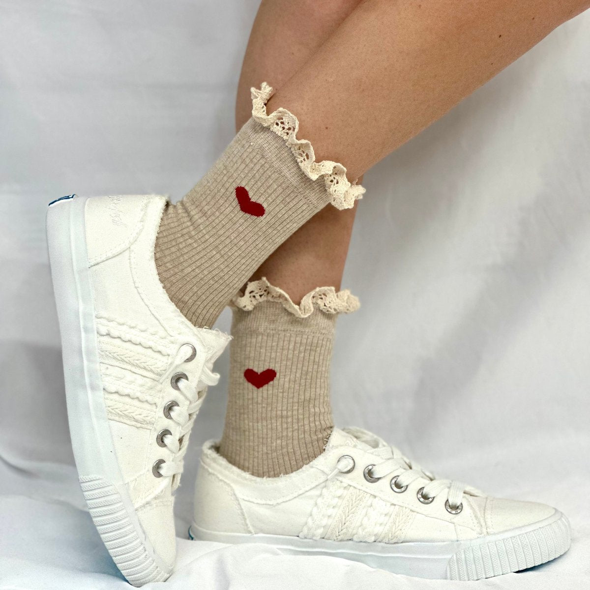 HEART heather red heart crew socks - tan, Valentine's Day signature socks women, Catherine Cole signature socks