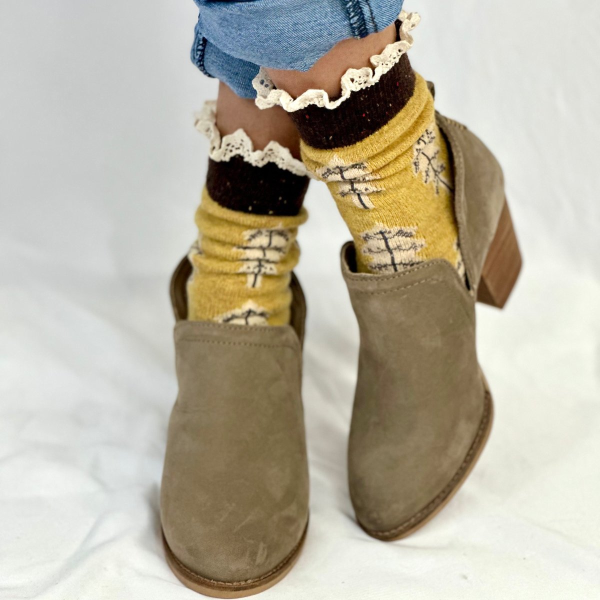 FALL LEAF lace topped socks - mustard,cute slouch socks for women by Catherine Cole signature socks