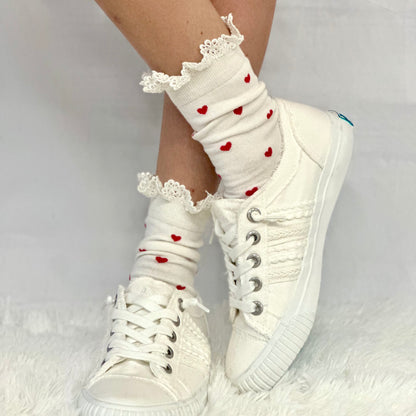 HEARTS DELIGHT  lace top heart ankle sock -  red