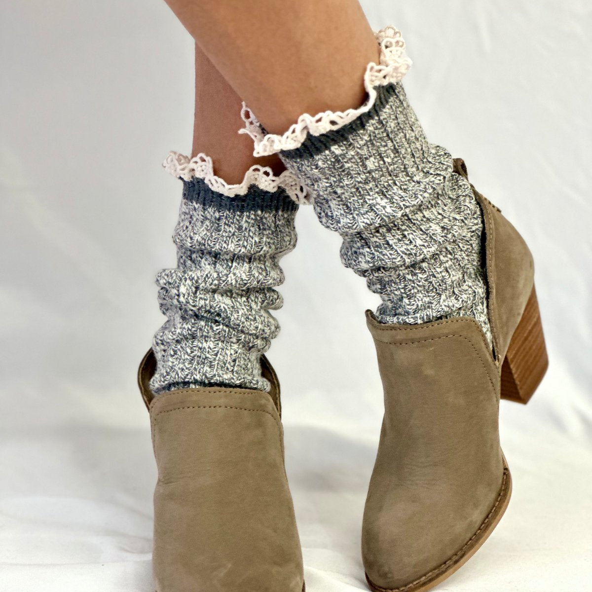 MARLED cotton short lace boot socks - grey, fall winter USA MADE slouch socks women, Catherine Cole signature socks