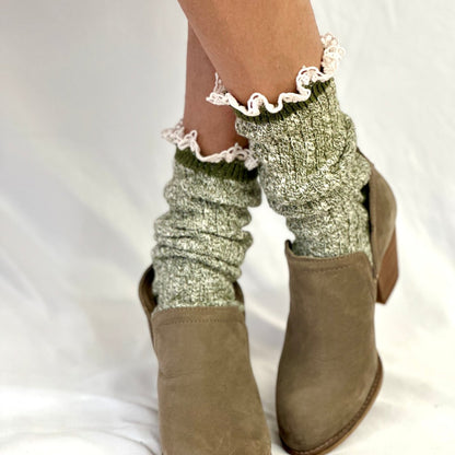 MARLED cotton short lace boot socks - olive