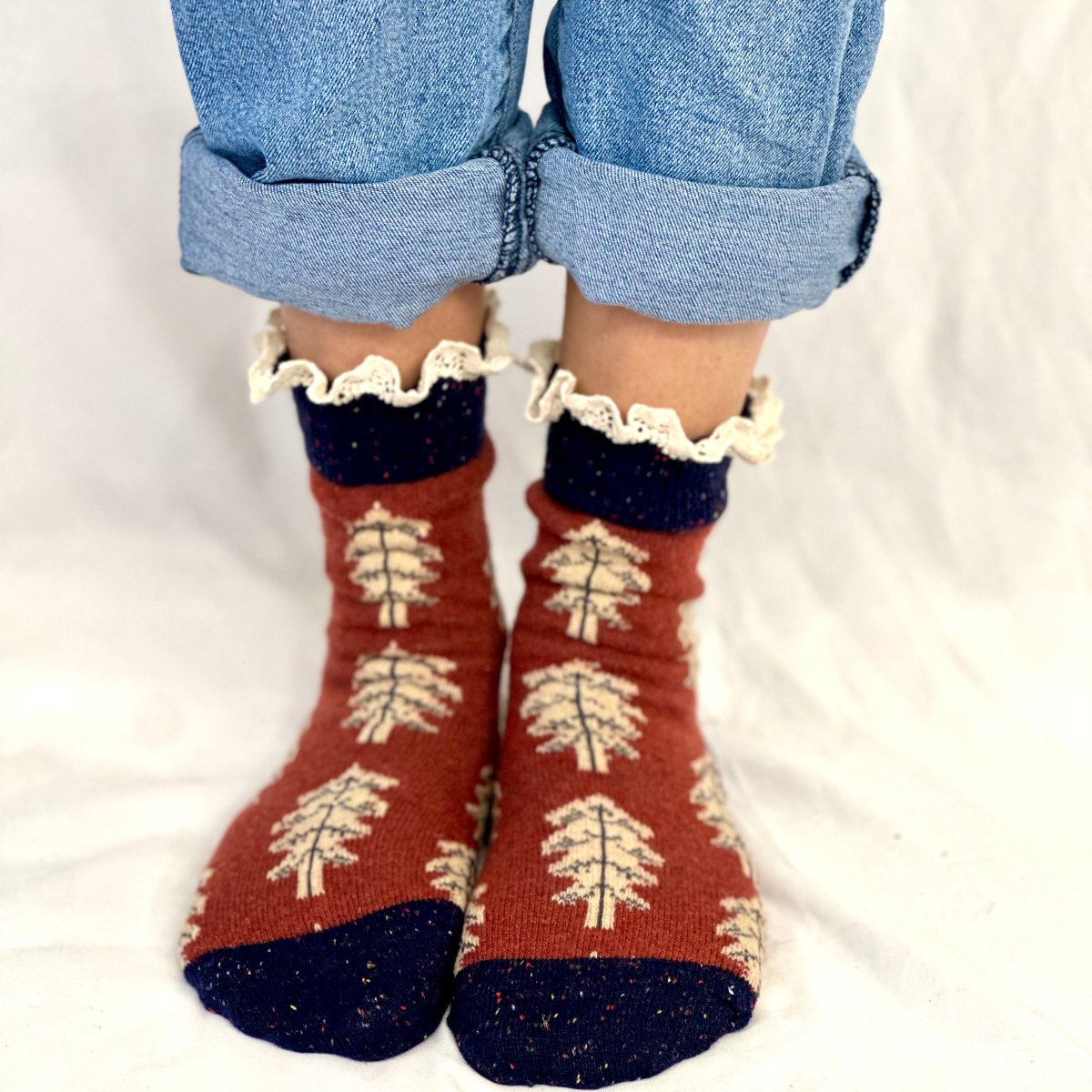 FALL LEAF lace topped socks - rust, cute slouch socks for women by Catherine Cole signature socks