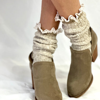 MARLED cotton short lace boot socks - tan, fall winter cute slouch socks for women, Catherine Cole