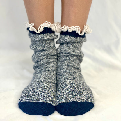 BLUE MARLED lace slouch socks  USA knitted for booties. women's Fall fashion, tweed slouch socks, quality lace hosiery, walking hiking women