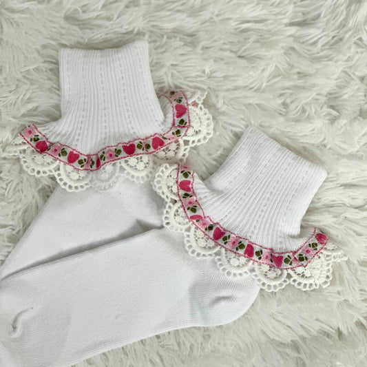 VALENTINE heart vintage lace cuff socks -pink