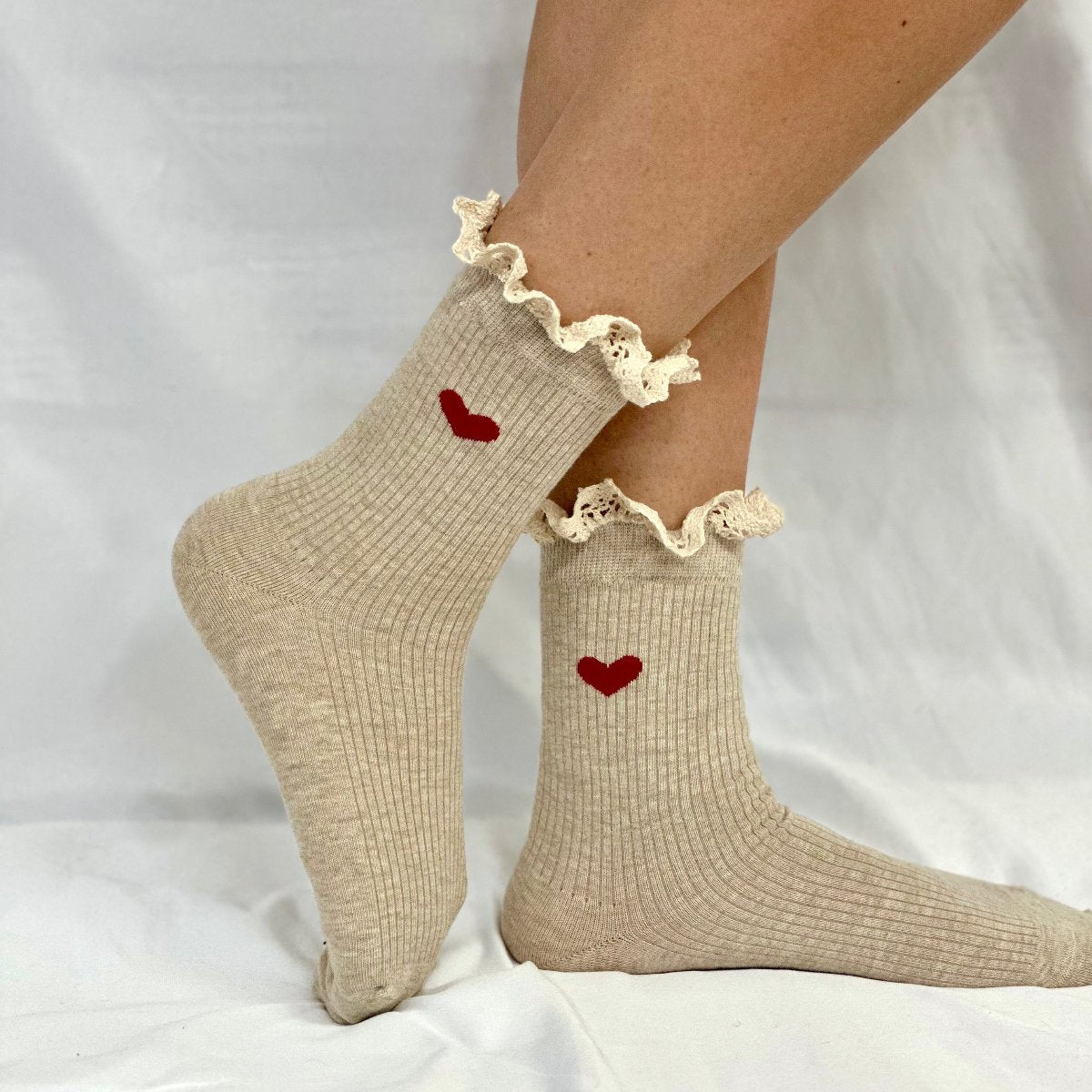 HEART heather red heart crew socks - tan, Valentine's Day signature socks women, Catherine Cole signature socks