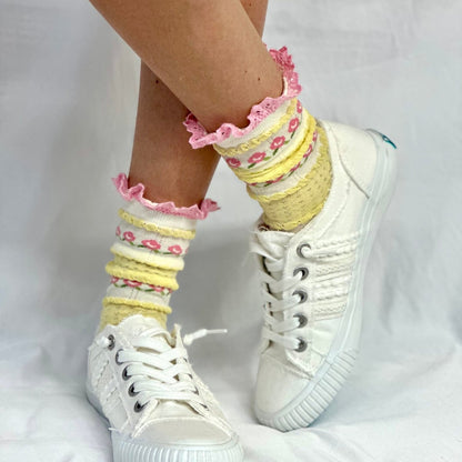 POPPY  floral lace ankle sock - yellow