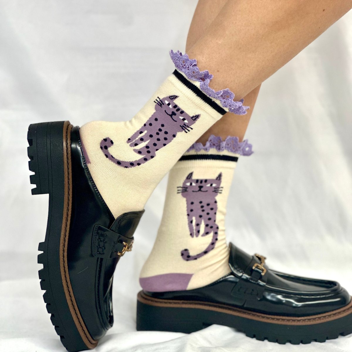 CAT attitude novelty print crew sock womens- lavender, Catherine Cole signature socks