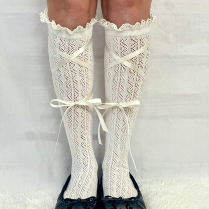 BALLET lace up ribbon knee socks - cream