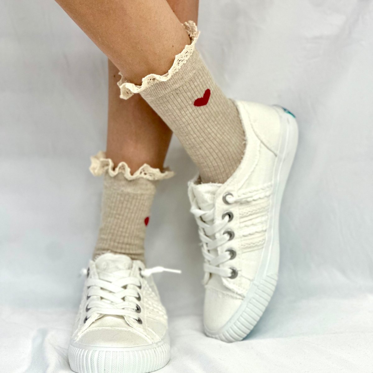 HEART heather red heart crew socks - tan, Valentine's Day signature socks women, Catherine Cole signature socks