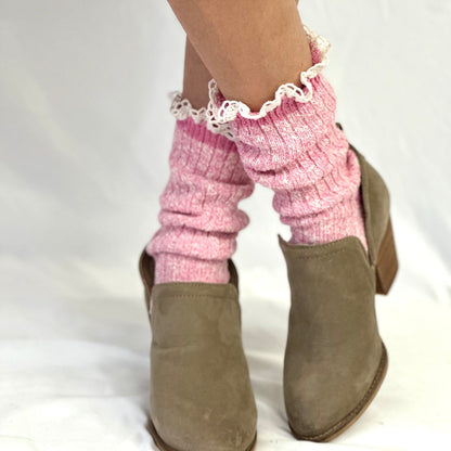 MARLED cotton short lace boot socks - pink, cute lace topped fall winter socks for  ankle boots, Catherine cole