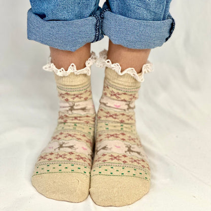 REINDEER patterned lace topped socks - beige, Christmas winter lace topped socks women, Catherine Cole Signature socks