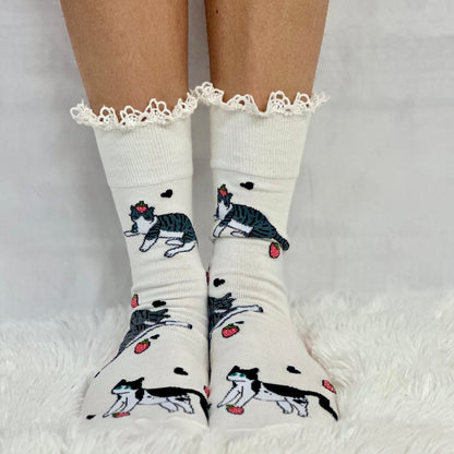 BERRY KITTY  fun novelty print crew sock womens- pink, Catherine Cole signature socks