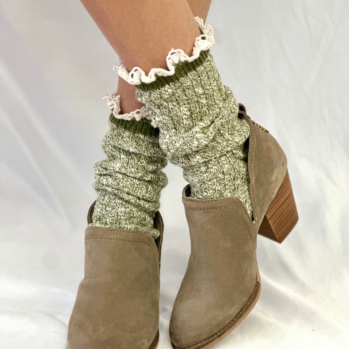 MARLED cotton short lace boot socks - olive, Catherine Cole signature socks for women