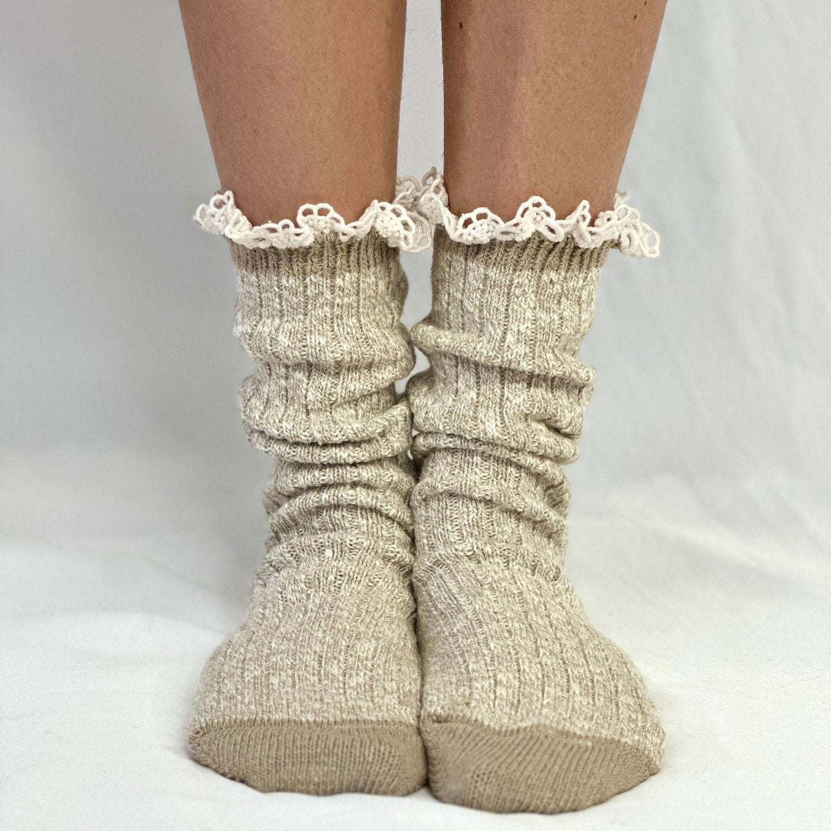 MARLED cotton short lace boot socks - tan, fall winter cute slouch socks for women, Catherine Cole