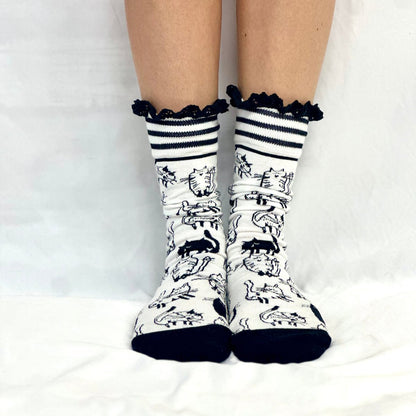 COPY CAT novelty print crew sock women's- black white, Catherine Cole Signature socks