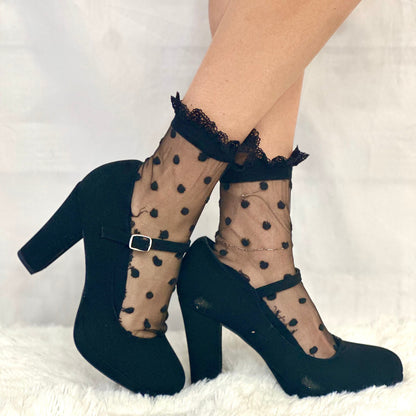 MARILYN polka dot lace socks for heels - black