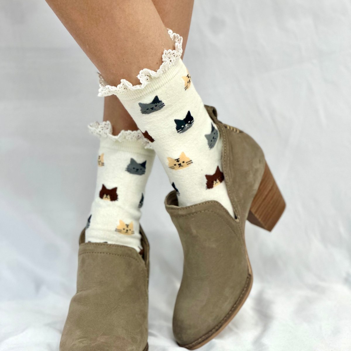 MEOW cat novelty  crew sock womens- neutral, Catherine Cole Signature socks, fun cat socks, feline novelty socks