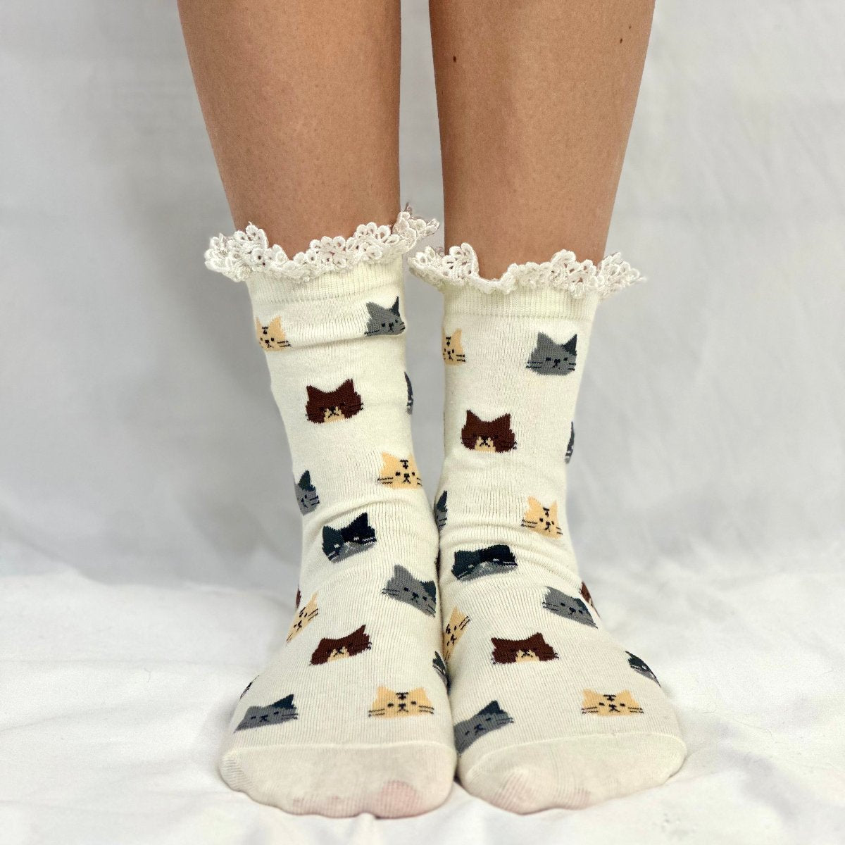 MEOW cat novelty  crew sock womens- neutral, Catherine Cole Signature socks, fun cat socks, feline novelty socks