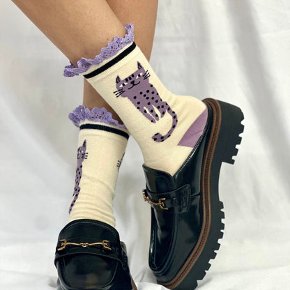 CAT attitude novelty print crew sock womens- lavender, Catherine Cole signature socks