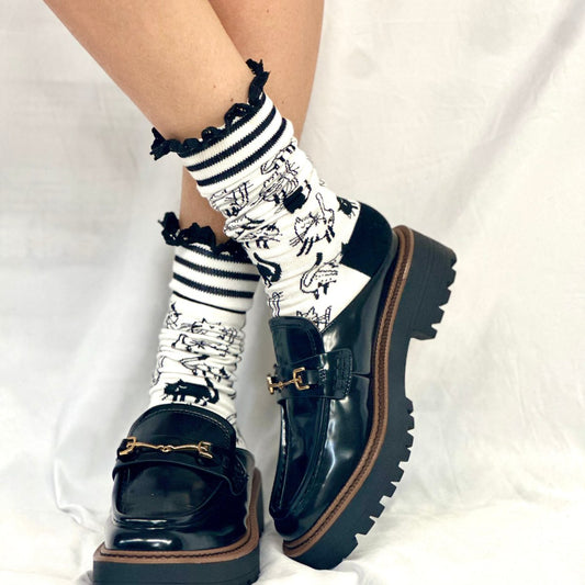 COPY CAT novelty print crew sock women's- black white, Catherine Cole Signature socks