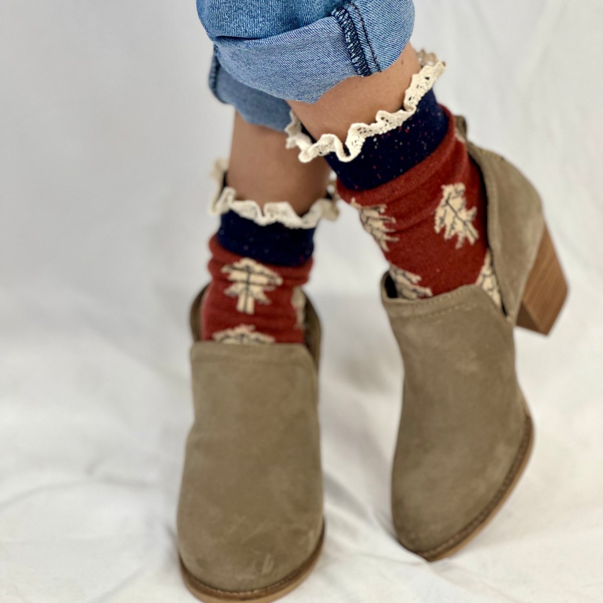 FALL LEAF lace topped socks - rust, cute slouch socks for women by Catherine Cole signature socks