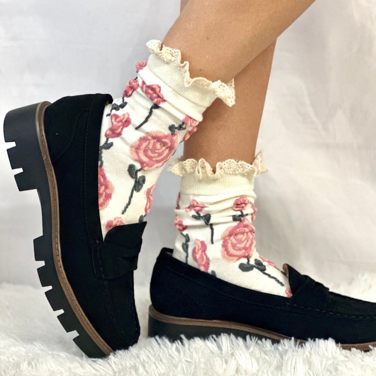 SALE lace cuff cotton socks white  cute ruffle trimmed socks women –  Catherine Cole