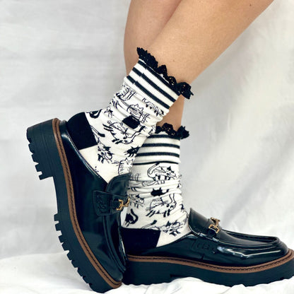 COPY CAT novelty print crew sock women's- black white, Catherine Cole Signature socks