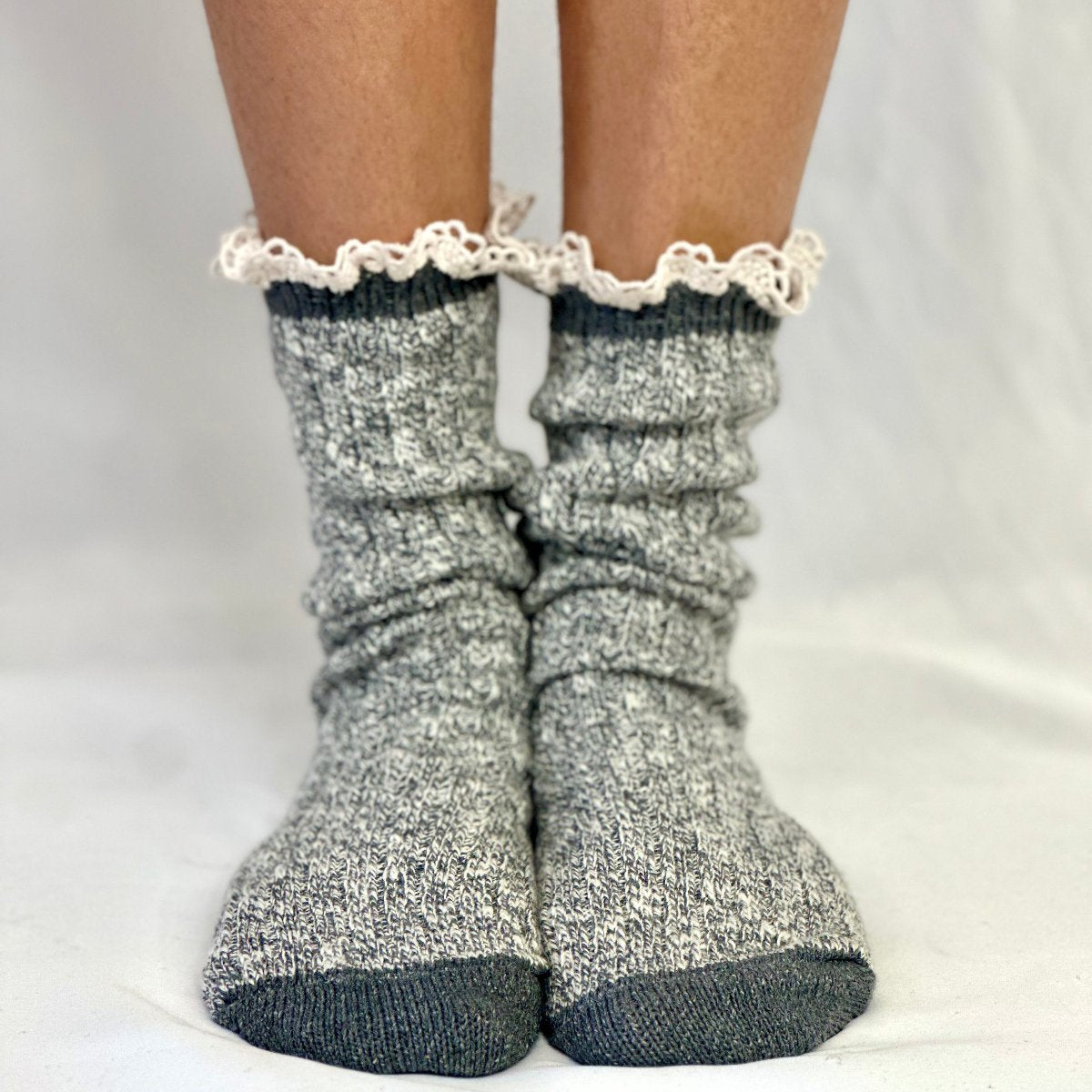 MARLED cotton short lace boot socks - grey, fall winter USA MADE slouch socks women, Catherine Cole signature socks