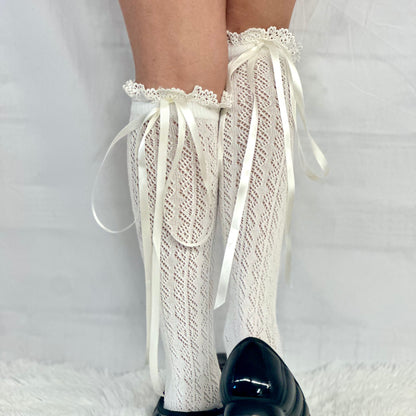 BALLET lace up ribbon knee socks - cream