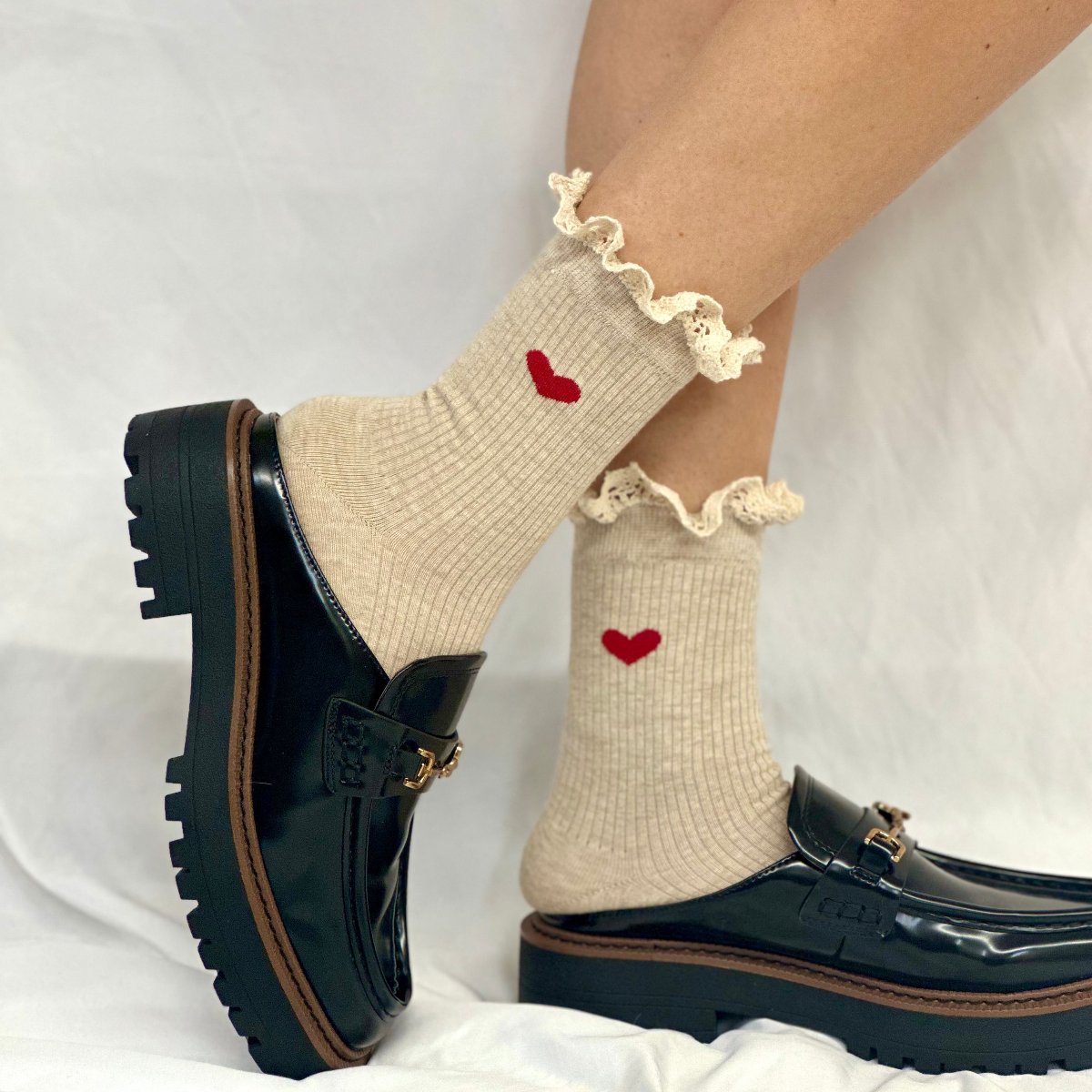 HEART heather red heart crew socks - tan, Valentine's Day signature socks women, Catherine Cole signature socks