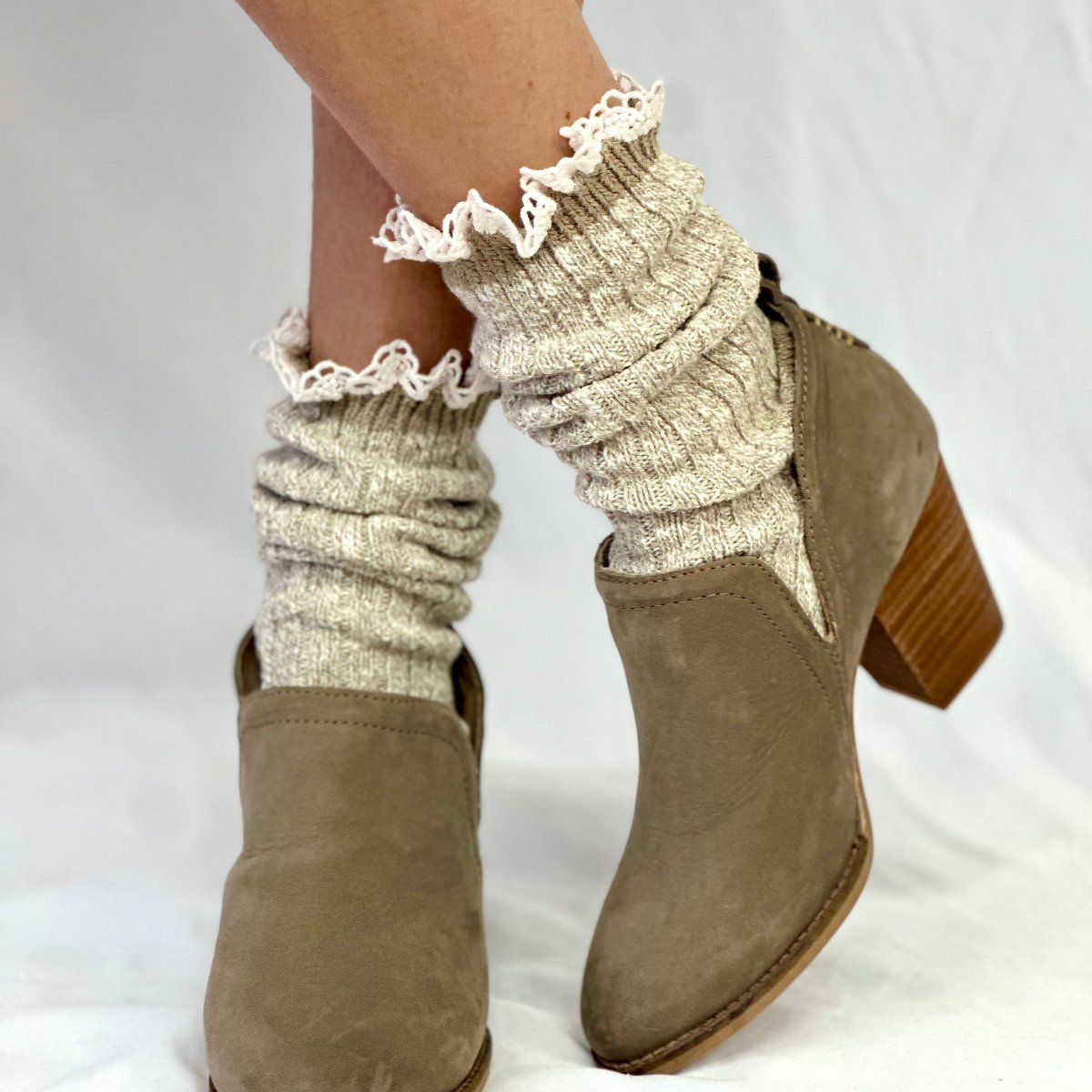 MARLED cotton short lace boot socks - tan, fall winter cute slouch socks for women, Catherine Cole