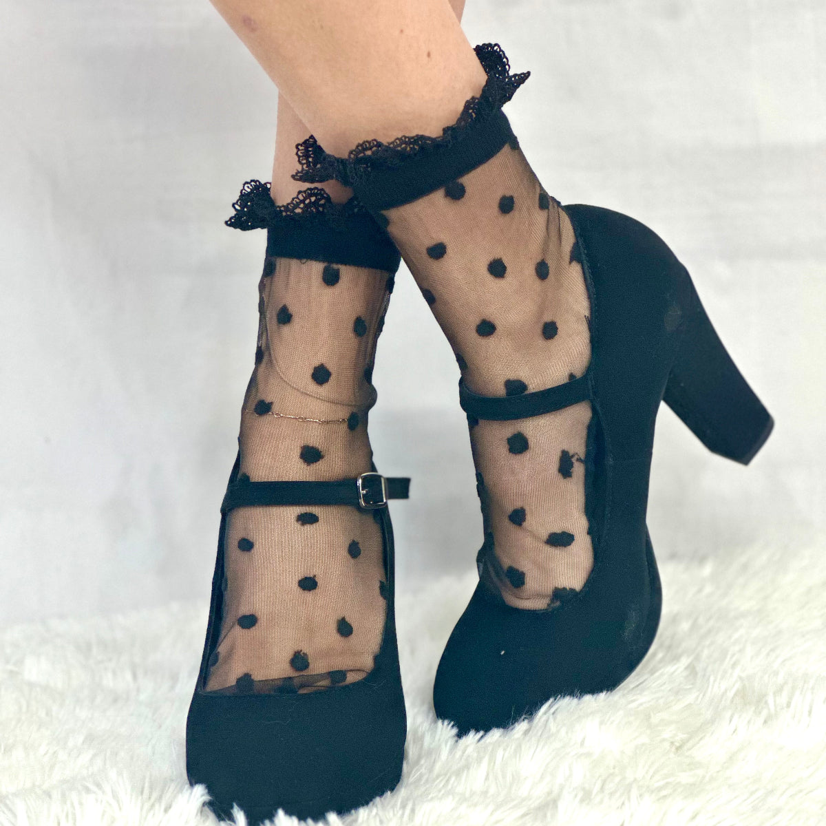 MARILYN polka dot lace socks for heels - black