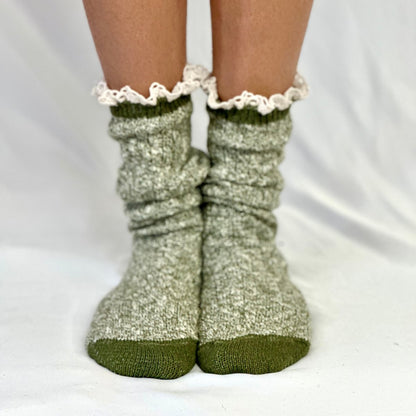 MARLED cotton short lace boot socks - olive, Catherine Cole signature socks for women