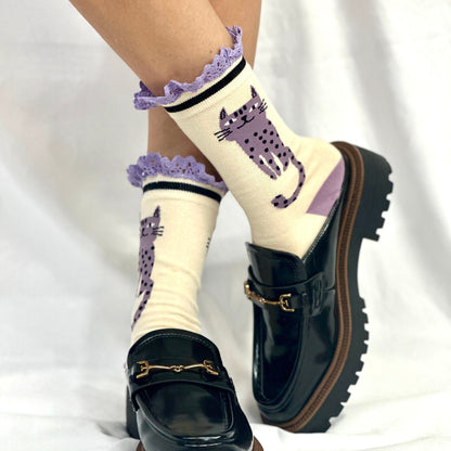 CAT attitude novelty print crew sock womens- lavender, Catherine Cole signature socks