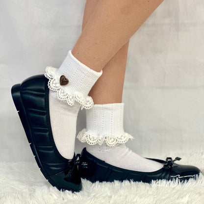 HEART button  lace cuff socks - white, Valentines day socks for women