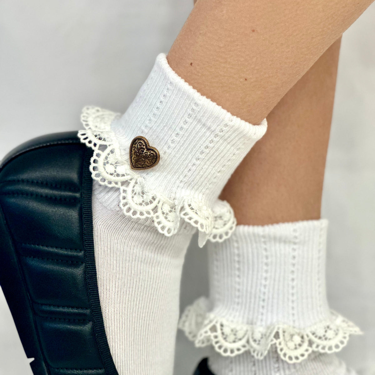 HEART button  lace cuff socks - white, Valentines day socks for women