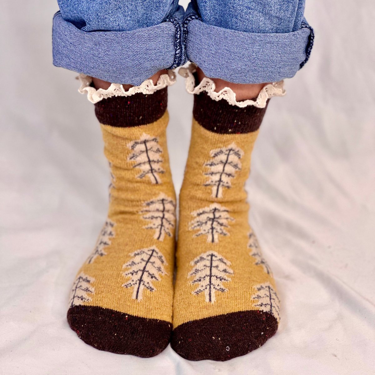 FALL LEAF lace topped socks - mustard,cute slouch socks for women by Catherine Cole signature socks