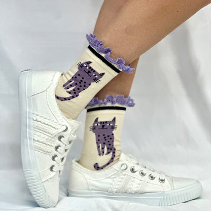 CAT attitude novelty print crew sock womens- lavender, Catherine Cole signature socks