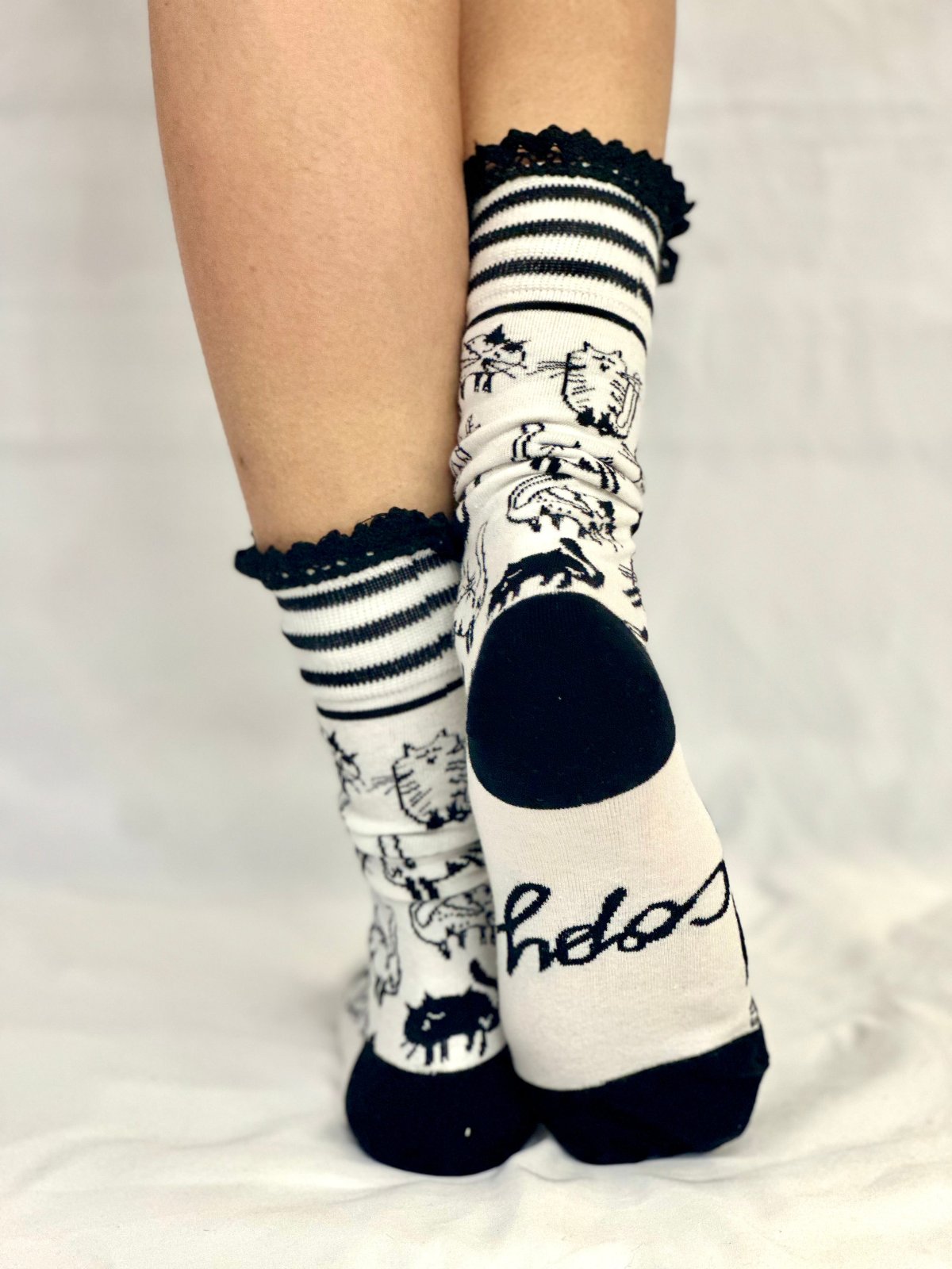 COPY CAT novelty print crew sock women's- black white, Catherine Cole Signature socks