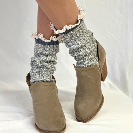 MARLED cotton short lace boot socks - grey, fall winter USA MADE slouch socks women, Catherine Cole signature socks