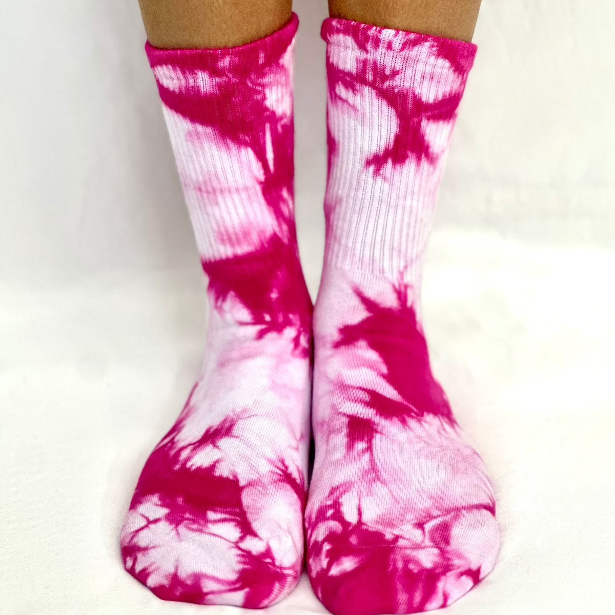 TIE DYE yoga grip crew socks - bright pink, sticky bottom dance, exercise socks women