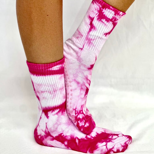 TIE DYE  yoga grip crew socks - bright pink, sticky bottom dance, exercise socks women