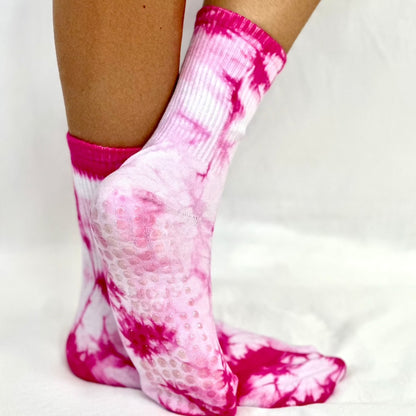 TIE DYE yoga grip crew socks - bright pink, sticky bottom dance, exercise socks women